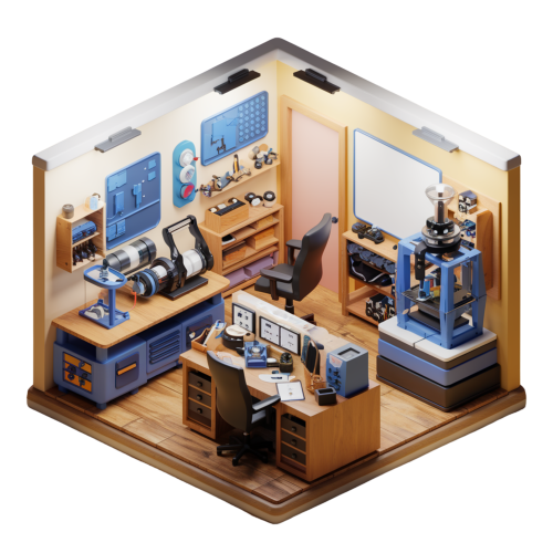 3D illustration of a modern product development lab with prototyping and design equipment
